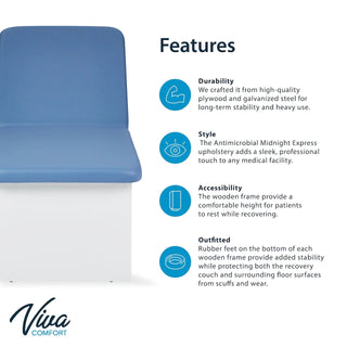 Viva Comfort ADI996-12-BLU Lucas Plus features infographic beside a close view of the couch end