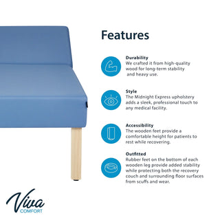 Viva Comfort ADI996-11-BLU Lucas features infographic beside a close view of the couch end