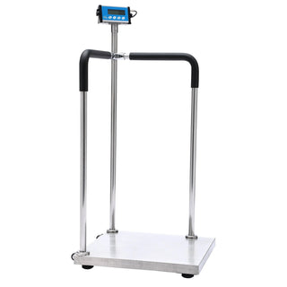 Viva Comfort ADIME904-05 handrail scale with stainless steel low platform, padded rails and blue display