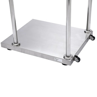 Viva Comfort ADIME904-05 angled view of stainless steel platform with rail posts and rear wheels