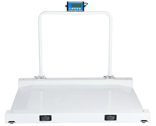 Viva Comfort ADIME904-03 front view of white digital wheelchair scale with handrail and blue display
