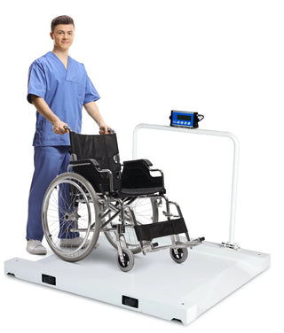 Viva Comfort ADIME904-03 caregiver in scrubs pushing an empty wheelchair onto the scale platform