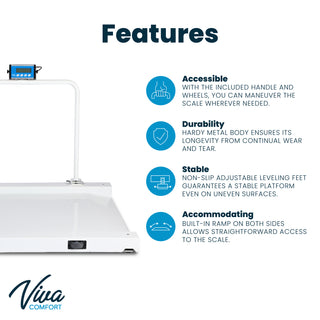 Viva Comfort ADIME904-03 features infographic covering portability, durable body, leveling feet and ramps