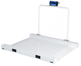 Viva Comfort ADIME904-03 angled view of wheelchair scale platform with built-in ramps and handrail