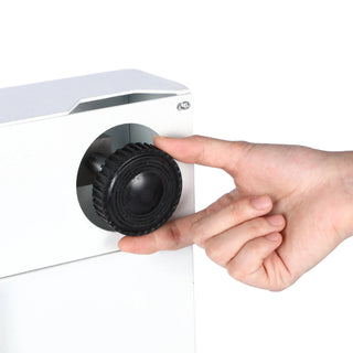 Viva Comfort ADIME904-03 hand turning an adjustable leveling foot on the side of the scale base