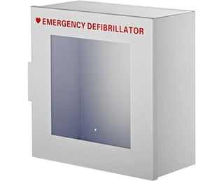 Viva Comfort ADI999-01 white steel AED cabinet with glass window and red defibrillator label