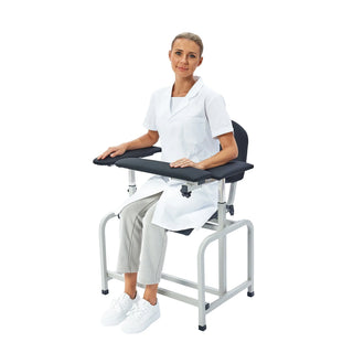 Viva Comfort ADI997-01 blood drawing chair with a seated woman in a white coat resting her arms