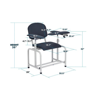 Viva Comfort ADI997-01 dimension diagram of the blood drawing chair seat, back and armrests