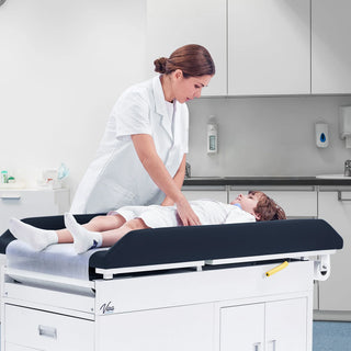 Viva Comfort ADI996-09-PMB Pediatric Grande exam table, close crop of clinician and child in an exam room