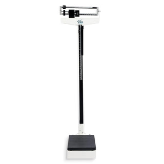Viva Comfort ADIME904-02 front view of white mechanical physician beam scale with height rod and black platform