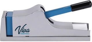 Viva Comfort ADIME950-01 gray lever pill crusher with blue handle and pouches in the side compartment