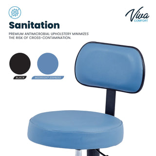 Viva Comfort ADI910-03 exam stool with black and blue upholstery colour swatches