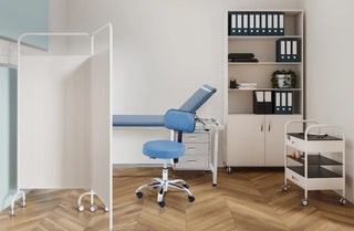 Viva Comfort ADI910-03 exam stool with blue seat in an exam room with privacy screen