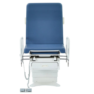 Viva Comfort ADIME996-30 Pointe power exam table, straight end view with raised backrest and handrails