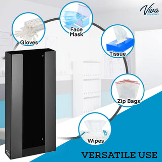 Viva Comfort ADI902-04 graphic showing the black dispenser can also hold masks, tissues, bags and wipes
