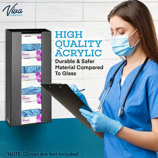 Viva Comfort ADI902-04 wall-mounted black glove dispenser beside a nurse writing on a clipboard
