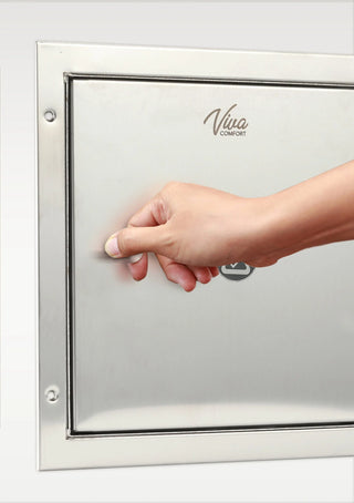 Viva Comfort ADIME960-01 hand pulling the door handle of the recessed pass-thru cabinet