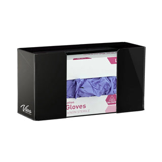 Viva Comfort ADI902-01 black acrylic glove dispenser holding a box of purple exam gloves