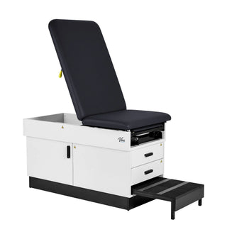 Viva Comfort ADI996-FBASE-M2 Slim Line cabinet exam table with black upholstery, raised backrest and pull-out step