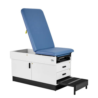 Viva Comfort ADI996-FBASE-M2 Slim Line cabinet exam table with blue upholstery, raised backrest and pull-out step