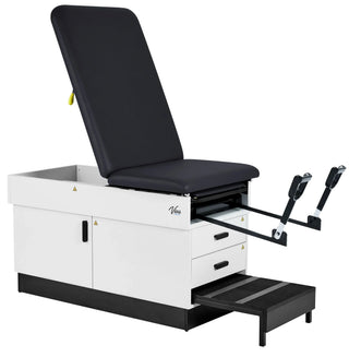 Viva Comfort ADI996-FBASE-M2 Slim Line cabinet exam table in black, shown with stirrups extended