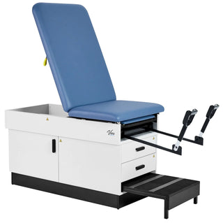 Viva Comfort ADI996-FBASE-M2 Slim Line cabinet exam table in blue, shown with stirrups extended