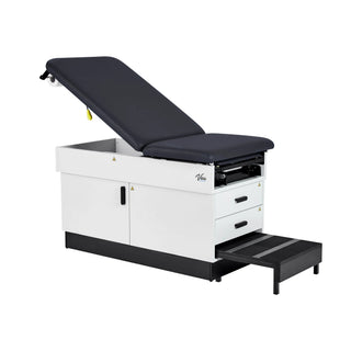Viva Comfort ADI996-FBASE-M2 Slim Line cabinet exam table with backrest reclined and step stool extended