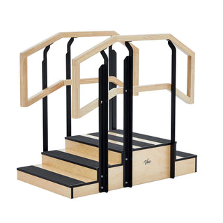 Viva Comfort ADIME906-01 up and down rehab staircase with oak handrails, angled view