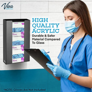 Viva Comfort ADI902-03 wall-mounted black glove dispenser beside a nurse writing on a clipboard