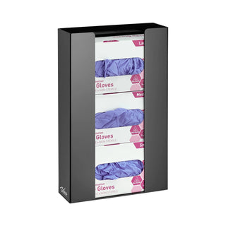 Viva Comfort ADI902-03 tall black acrylic dispenser filled with stacked purple glove boxes