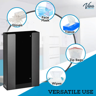 Viva Comfort ADI902-03 graphic showing the black dispenser can also hold masks, tissues, bags and wipes