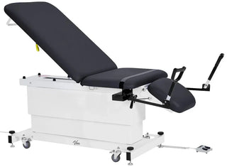 Viva Comfort ADI903-23 Xro shrouded base exam table in black with stirrups attached at the foot end