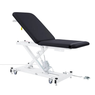 Viva Comfort ADI903-20 Xro exam table in black raised high on the scissor lift, side view