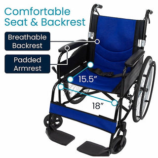 Vive Health MOB1062BLKBLU Air Frame Wheelchair Offers Lightweight Mobility With a Durable Aluminum Frame, Supporting up to 300 lbs. 