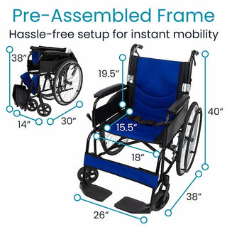 Vive Health MOB1062BLKBLU Air Frame Wheelchair Offers Lightweight Mobility With a Durable Aluminum Frame, Supporting up to 300 lbs. 