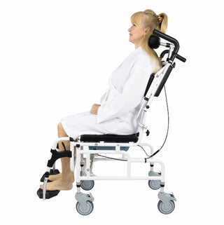 Vive Health MOB1082WHT Reclining Shower Commode Transport Chair is a 3-in-1 Design For Transport, Showering and Commode Use With 35° Recline, Drop Arms, Locking Casters, and Padded Seat