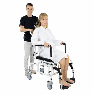 Vive Health MOB1082WHT Reclining Shower Commode Transport Chair is a 3-in-1 Design For Transport, Showering and Commode Use With 35° Recline, Drop Arms, Locking Casters, and Padded Seat