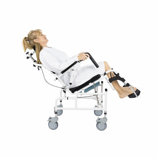 Vive Health MOB1082WHT Reclining Shower Commode Transport Chair is a 3-in-1 Design For Transport, Showering and Commode Use With 35° Recline, Drop Arms, Locking Casters, and Padded Seat
