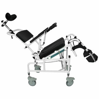 Vive Health MOB1082WHT Reclining Shower Commode Transport Chair is a 3-in-1 Design For Transport, Showering and Commode Use With 35° Recline, Drop Arms, Locking Casters, and Padded Seat