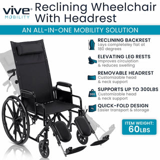 Vive Health MOB1103BLK Reclining Wheelchair With Headrest for Comfort (Black)