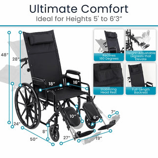 Vive Health MOB1103BLK Reclining Wheelchair With Headrest for Comfort (Black)