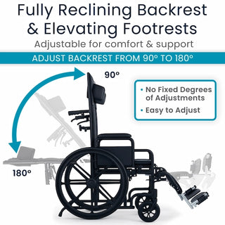 Vive Health MOB1103BLK Reclining Wheelchair With Headrest for Comfort (Black)