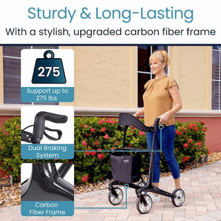 Vive Health MOB1113 Core Carbon Fiber Rollator for Mobility (Weighs Only 12 lbs) 