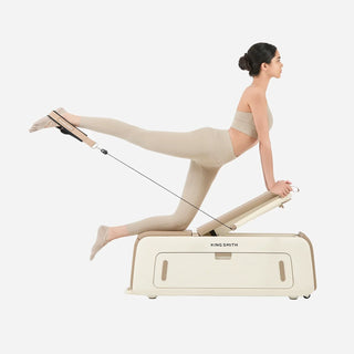 Woman holding a Pilates stretch on the WalkingPad B2 bench