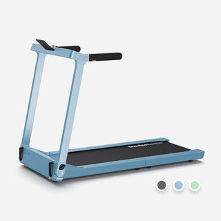 WalkingPad Denise Austin 2.0 treadmill in powder blue, open with the side handles raised
