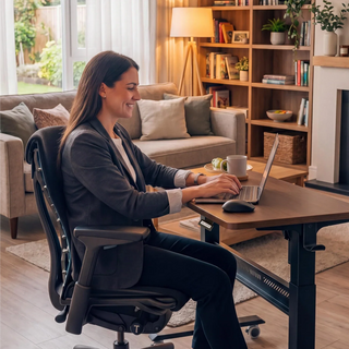 Woman working seated at the WalkingPad ETD3 standing desk in a home office