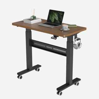 Dark walnut WalkingPad ETD3 standing desk with a laptop and headphone hook in view
