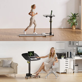 WalkingPad ETD5 desk shown beside a treadmill and in a seated workspace