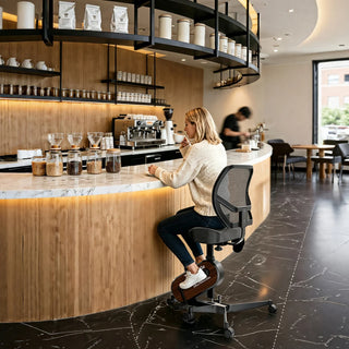Woman seated on the WalkingPad FC1 office bike chair at a cafe counter
