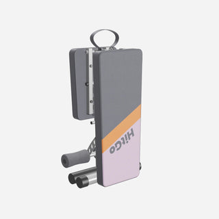 Gray and pink WalkingPad MATE-FB1 weight bench folded with its carry strap showing